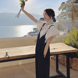日本代购高腰韩版阔腿裤女夏季薄款小个子宽松盐系背带裤两件套装，女装套装/套裙，浙宝287