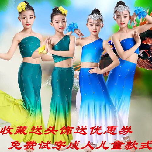 儿童孔雀舞演出服女89傣族孔雀舞蹈服装鱼尾裙少数民族傣族服装