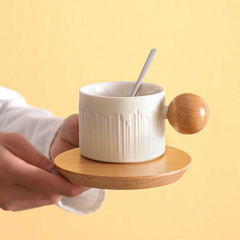 简约陶瓷咖啡杯木质把手白色创意设计感小众杯子高雅精致礼物带勺,餐饮具,咖啡杯,淘宝优惠券,粉丝福利购,淘宝优惠卷
