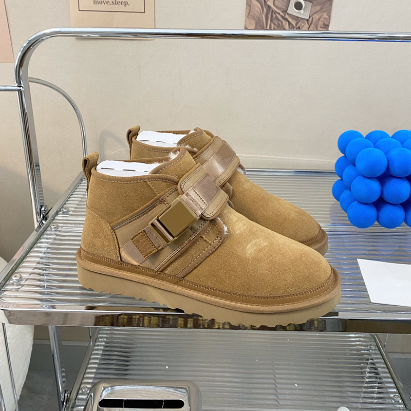 2025冬季河南雪地靴男纽姆卡扣休闲小贝皮毛一体搭扣保暖牛皮磨砂