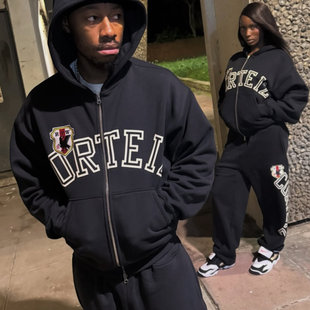 corteiz美式运动风字母印花长裤两件套连帽拉链卫衣男女加绒套装