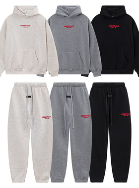 FOG复线ESSENTIALS立体红色硅胶加绒连帽卫衣情侣休闲裤子套装