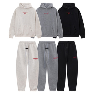FOG复线ESSENTIALS立体红色硅胶加绒连帽卫衣情侣休闲裤子套装