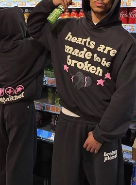 broken planet美式发泡字母印花加绒连帽卫衣男女宽松休闲上衣潮