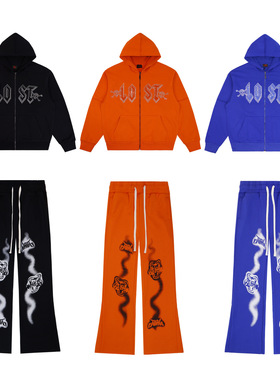 Lost intricacy烫钻字母印花休闲宽松微喇长裤拉链外套男女套装潮