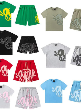 “配套齐全”美潮Drill Syna World 街头发泡印花短袖T恤短裤套装