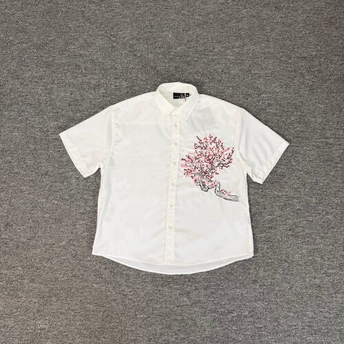 高街重工花卉刺绣翻领短袖衬衫
