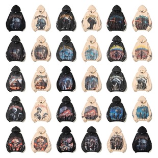 Godpeed复古美潮暗黑骷髅印花街头男女水洗做旧宽松休闲连帽卫衣