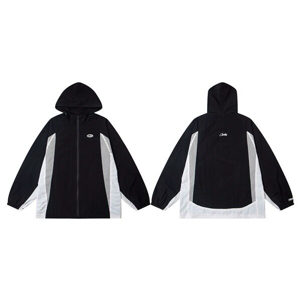 corteiz新款美潮恶魔岛刺绣字母拼接网眼宽松休闲情侣连帽风衣外