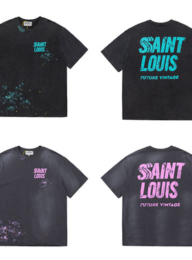 SSSAINT LOUIS手工做旧水洗泼墨破坏logo潮牌高街复古宽松短袖T恤