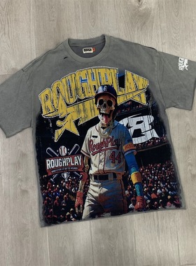 Roughplay美式复古做旧水洗短袖T恤男女宽松休闲纯棉烫钻潮牌上衣