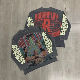 Roughplay美式男女做旧水洗烫钻字母宽松休闲上衣潮嘻哈风长袖T恤