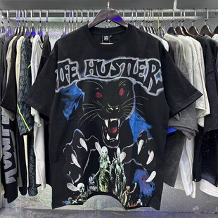 跨境Life Hustlers 街头复古黑豹印花烫钻字母宽松休闲短袖T恤ins