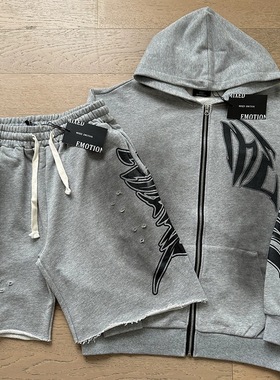 高版本MIXED EMOTION做旧破洞印花开衫连帽卫衣男女休闲短裤套装