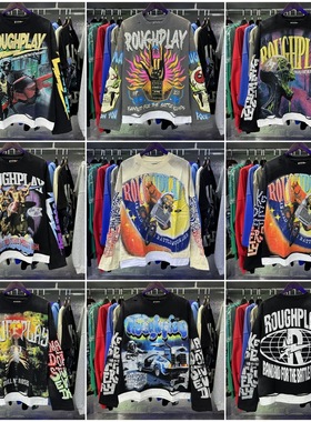 RoughPlay美潮高街复古烫银印花休闲破洞假两件男女长袖宽松长T