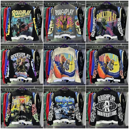 高街复古烫银破洞假两件长袖T恤