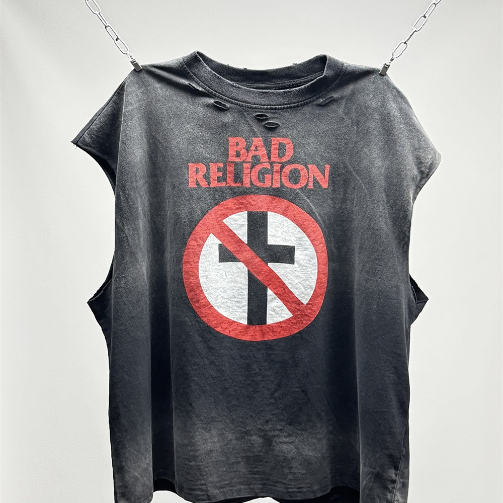 BAD RELIGION 93巡演限定美式复古做旧手工磨破洗水无袖背心T恤