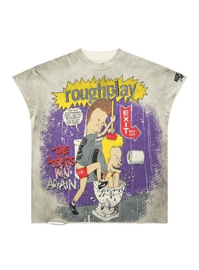 外贸Roughplay美式做旧卡通人物印花T恤男女宽松破洞无袖背心衫潮