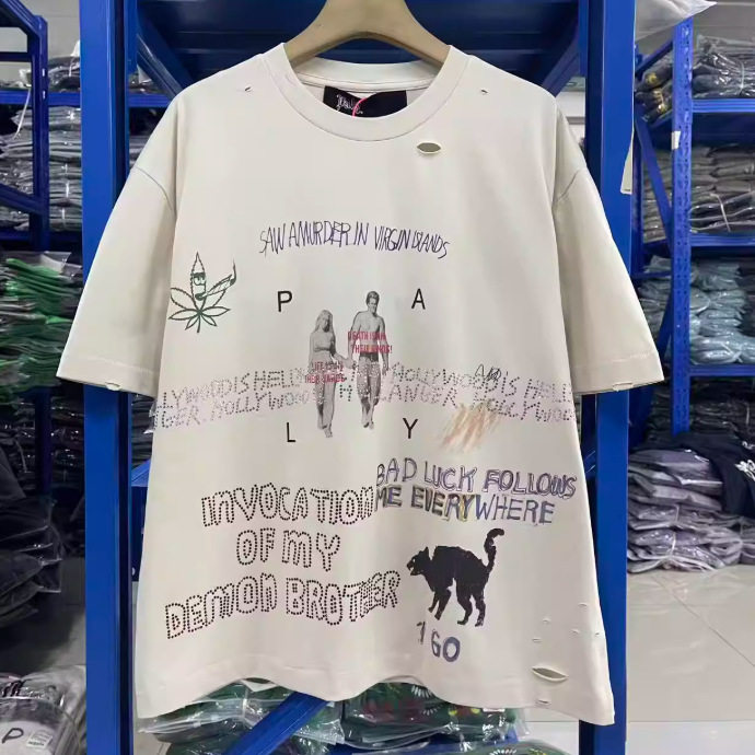 Paly Hollywood同款美式西海岸烫钻印花T恤男女宽松休闲短袖