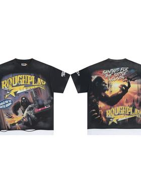 外贸高街风ROUGHPLAY猩猩印花做旧破洞假两件短袖潮牌t恤