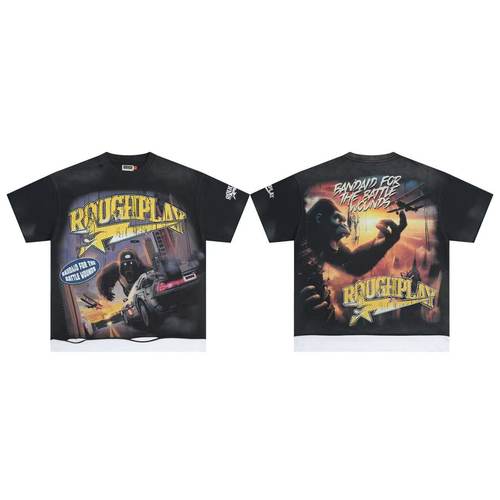 高街ROUGHPLAY做旧破洞潮牌T恤