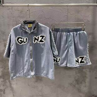 corteiz夏季 短裤 宽松休闲运动两件套男女牛仔套装 字母印花短袖