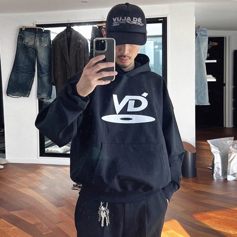 外贸美式高街暗黑系VD光盘万针刺绣连帽卫衣宽松男女情侣潮冬