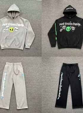外贸Broken Planet骷髅发泡字母印花加绒连帽卫衣休闲卫裤套装