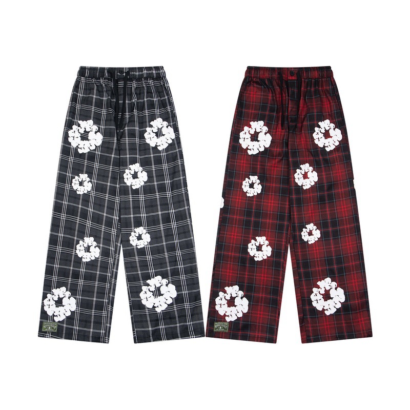 男女DENIM TEARS新款木棉花印花美潮街头休闲格子直筒宽松长裤ins