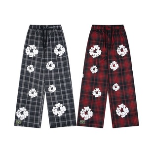 ins 木棉花印花美潮街头休闲格子直筒宽松长裤 男女DENIM TEARS新款