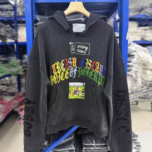 高街宽松水洗刺绣破洞连帽卫衣