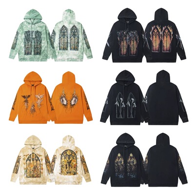 美潮高街复古印花宽松连帽卫衣