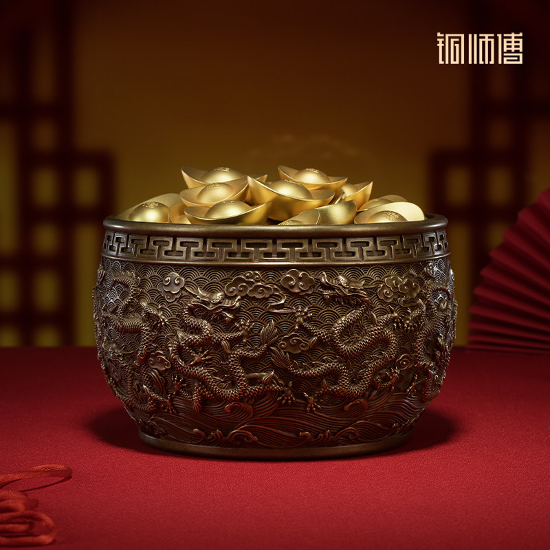 铜师傅《九龙聚宝盆》客厅桌面铜摆件 家居装饰工艺品 开业礼物