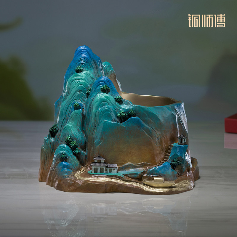 铜师傅《千里江山笔筒》客厅书房铜摆件家居装饰工艺品 老师礼物