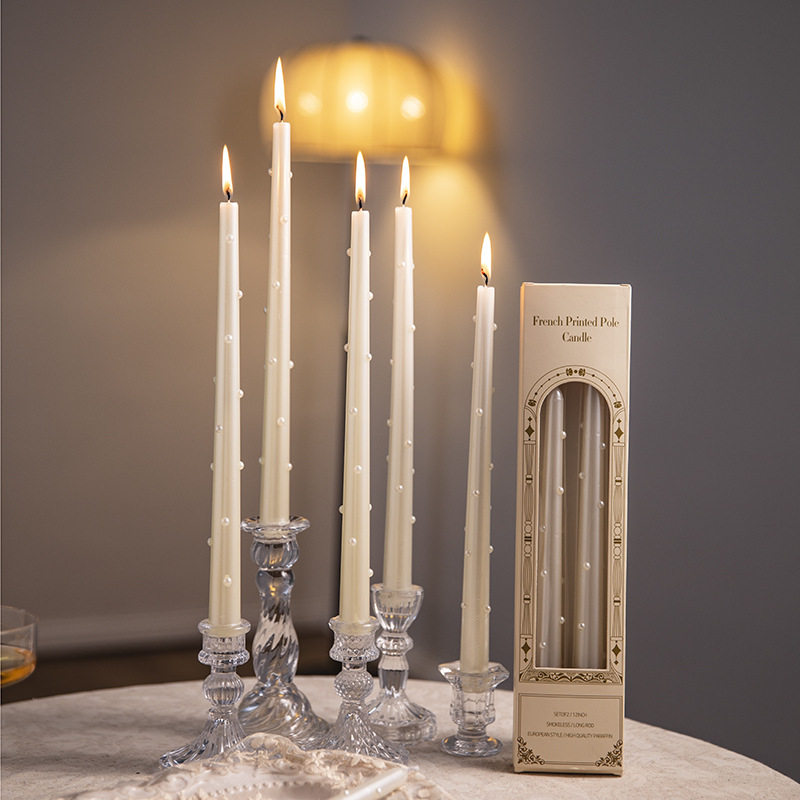 珍珠长杆蜡烛家用无烟无味结婚烛光晚餐烛台座氛围感拍照装饰摆件