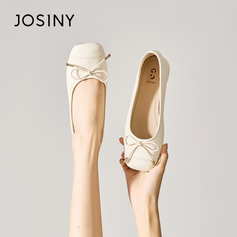 卓诗尼芭蕾鞋2023秋新款舒软平底时尚粗跟女鞋浅口法式蝴蝶结单鞋