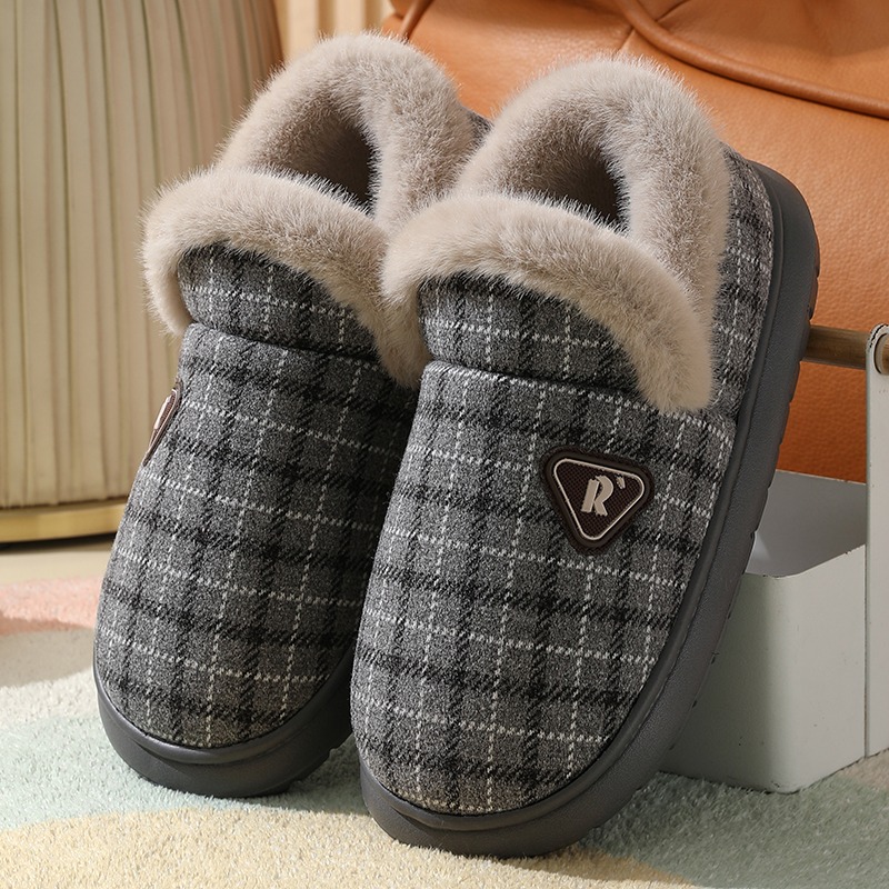 高包跟保暖简约格子居家棉拖鞋