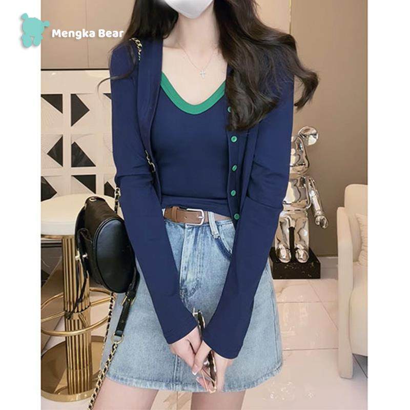 时尚套装女士夏季薄款撞色防晒针织外套设计感别致吊带开衫两件套