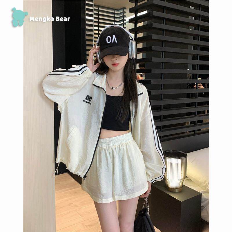 休闲运动防晒上衣夏季套装2023年新款宽松连帽外套短裤两件套女装