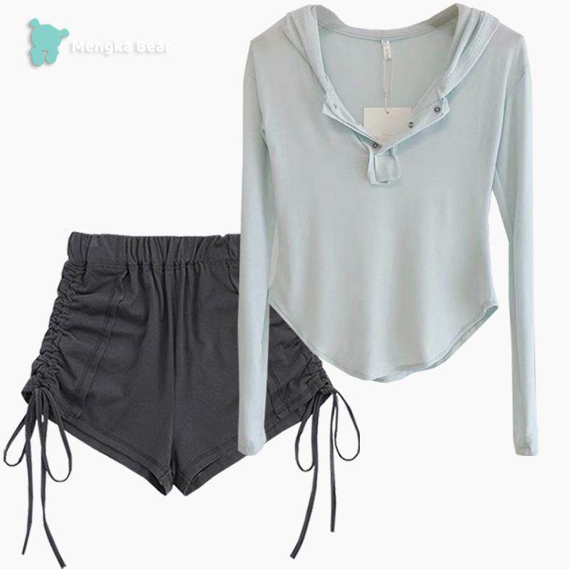 休闲显瘦纯欲风套装女夏季防晒连帽长袖T恤+辣妹抽绳短裤两件套