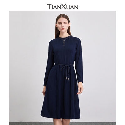 天轩商场同款2025秋新女长袖连衣裙圆领收腰显瘦气质高雅THDD239