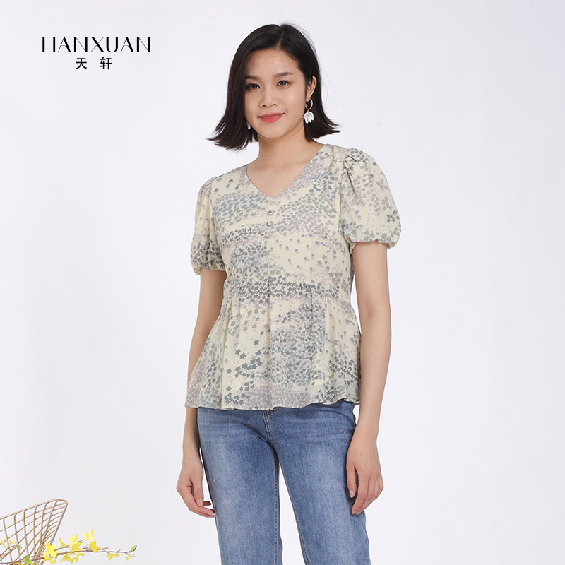 天轩桑蚕丝印花短袖t恤优雅