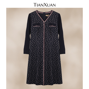 天轩商场同款 连衣裙V领印花打底裙休闲TIDD269 2025秋冬女中长款