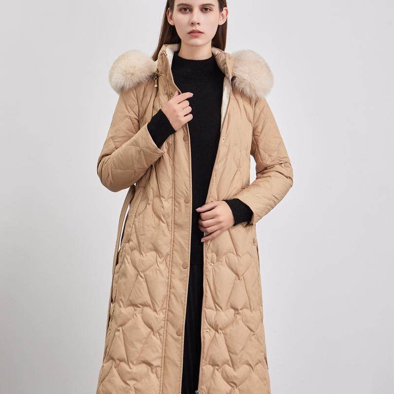 天轩商场同款2023冬女羽绒服连帽大毛领白鹅绒修身中长款THDY215