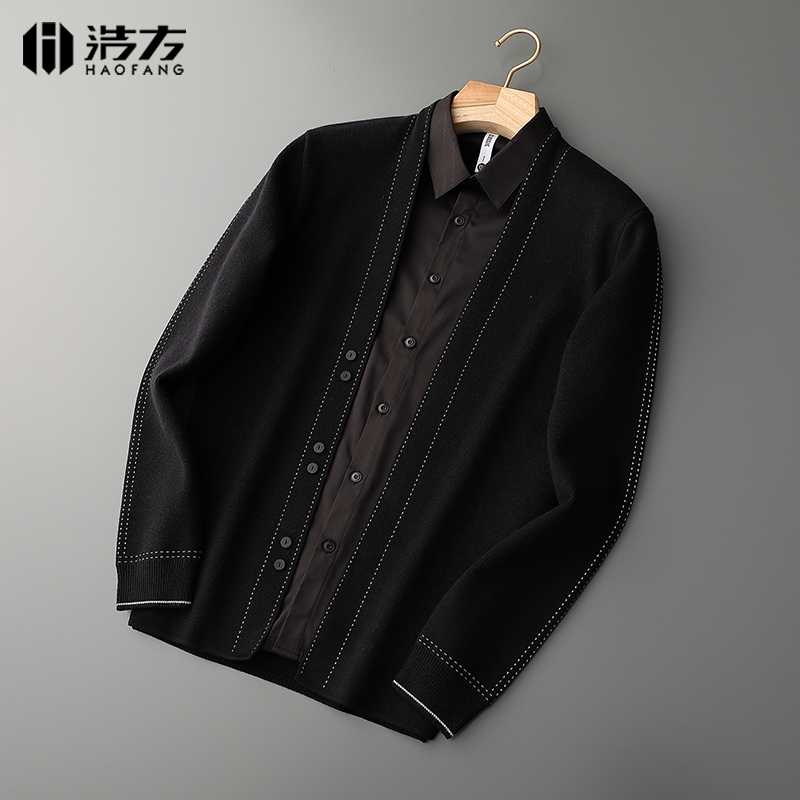 清仓假两件开衫男士衬衫领拼接毛衣修身长袖打底外套秋冬毛衫外套