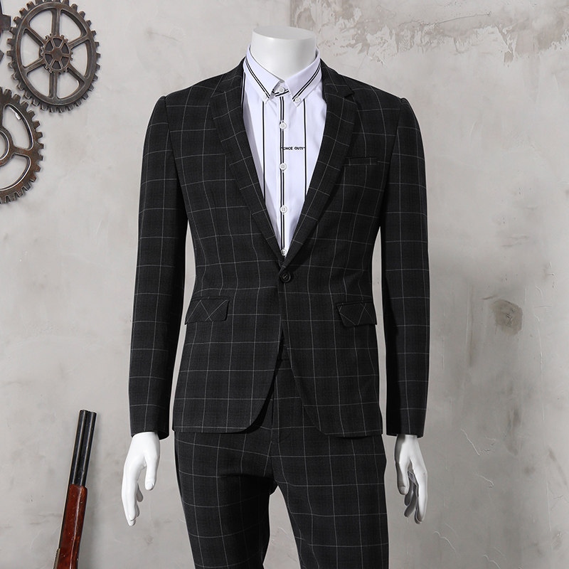 NEW BRITISH MENS FASHION PLAID SUIT TWO PIECE SUIT YOUNG MEN SLIM KOREAN VERSION SMALL SUIT CASUAL JACKET