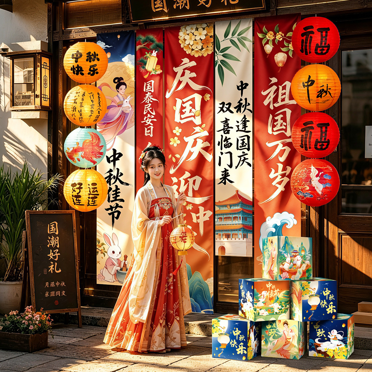 中秋国庆节场景布置装饰仪式氛围感堆堆盒户外店铺背景墙灯笼挂布