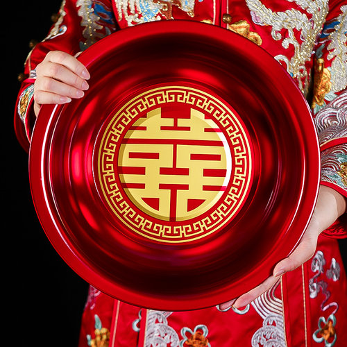 结婚喜盆一对红盆子新娘陪嫁用品