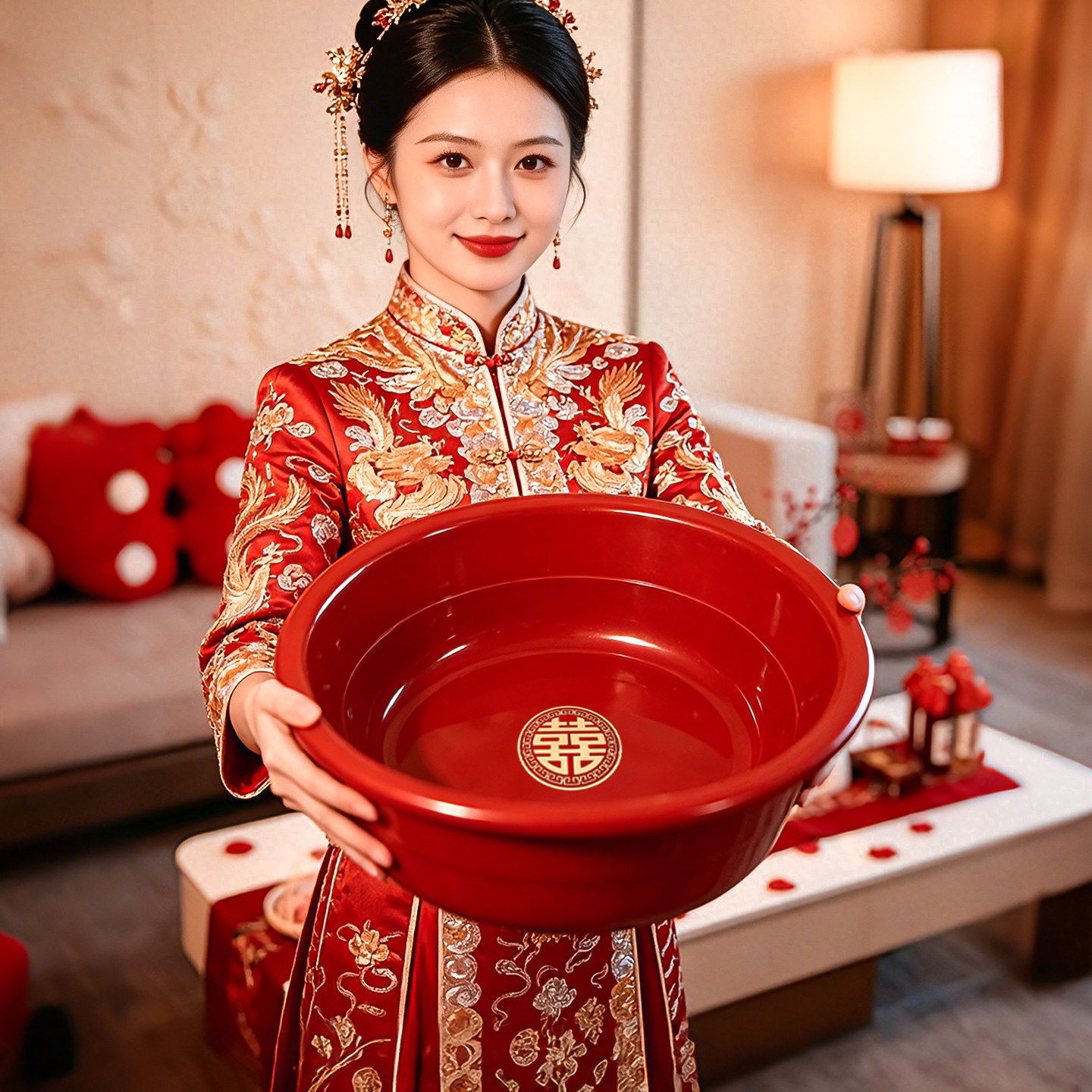 结婚喜盆一对女方陪嫁聚宝洗脸盆毛巾新娘嫁妆全套装婚庆用品大全