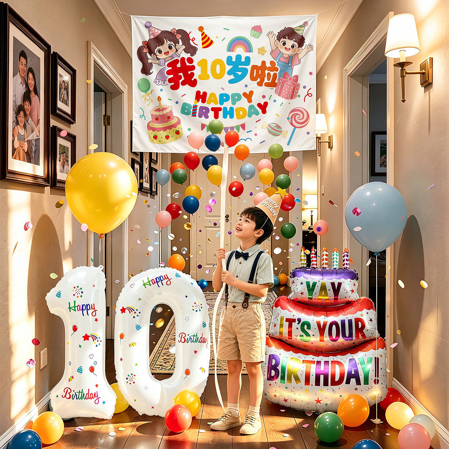 10岁儿童生日快乐气球雨瀑布背景拉绳挂布派对氛围感场景布置装饰